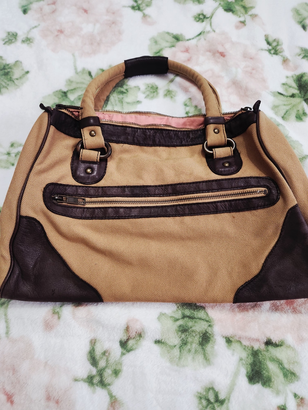 Y2k Vintage Gap 1969 Two-Tone Canvas Tote Bag in Tan and Dark Brown